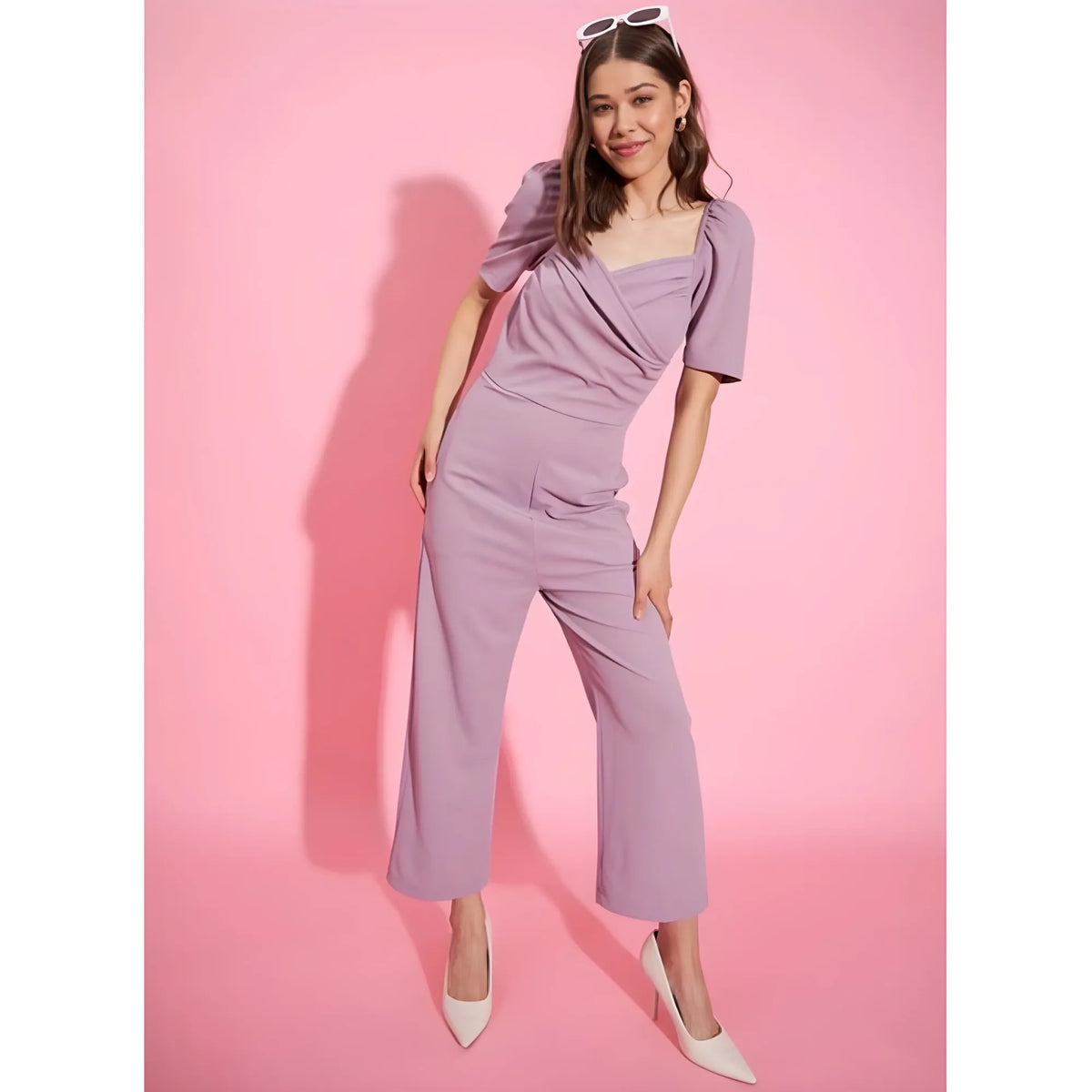 Women's Polyester Lycra Solid Puff Sleeve Jumpsuit (lavender) | Women Signature Collection