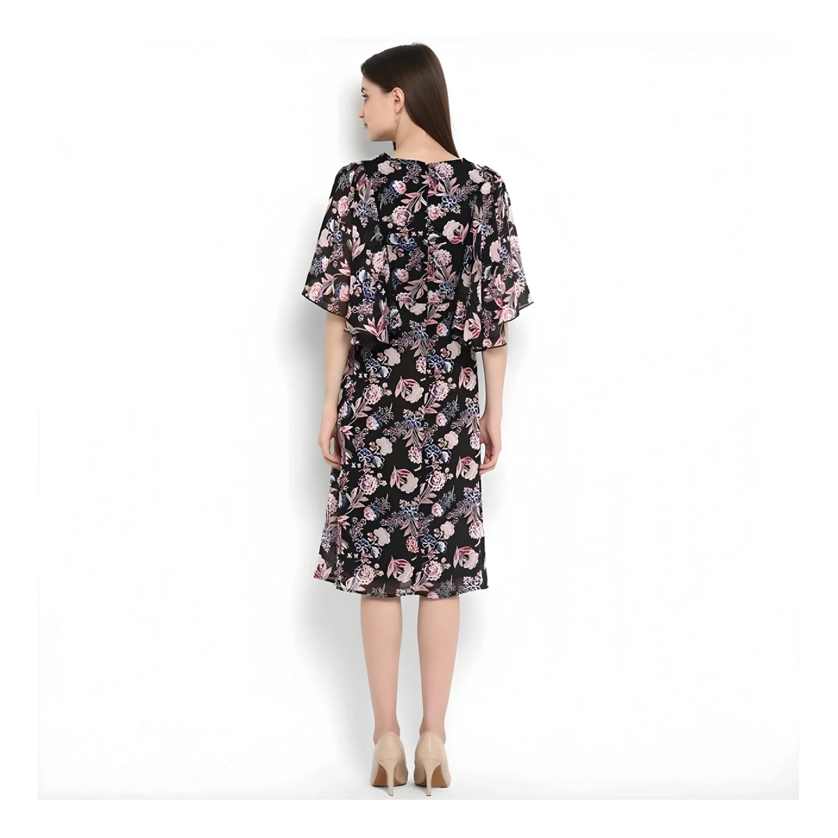 Women's Polyester Floral Short Sleeve Knee Length Dress (black Multicolor) | Women Signature Collection