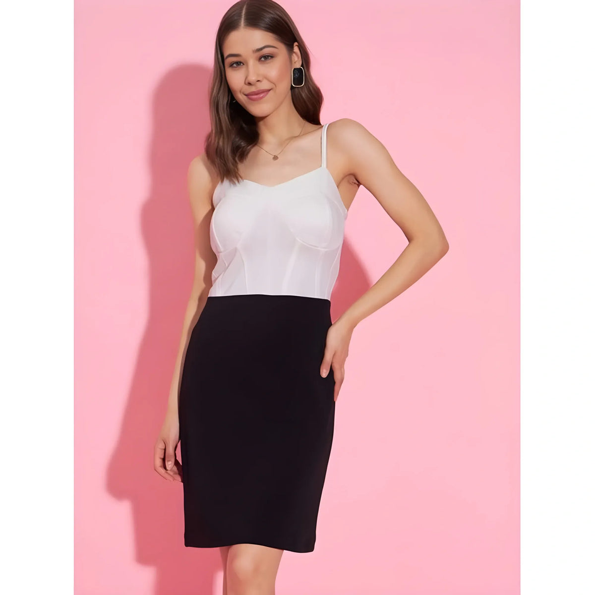 Women's Polyester Lycra Color Blocking Shoulder Straps Dress (white Black) | Women Signature Collection