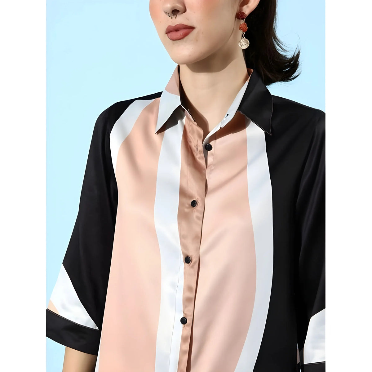 Women's Satin Colour Block Long Sleeves Co Ord Set (beige Black) | Women Signature Collection