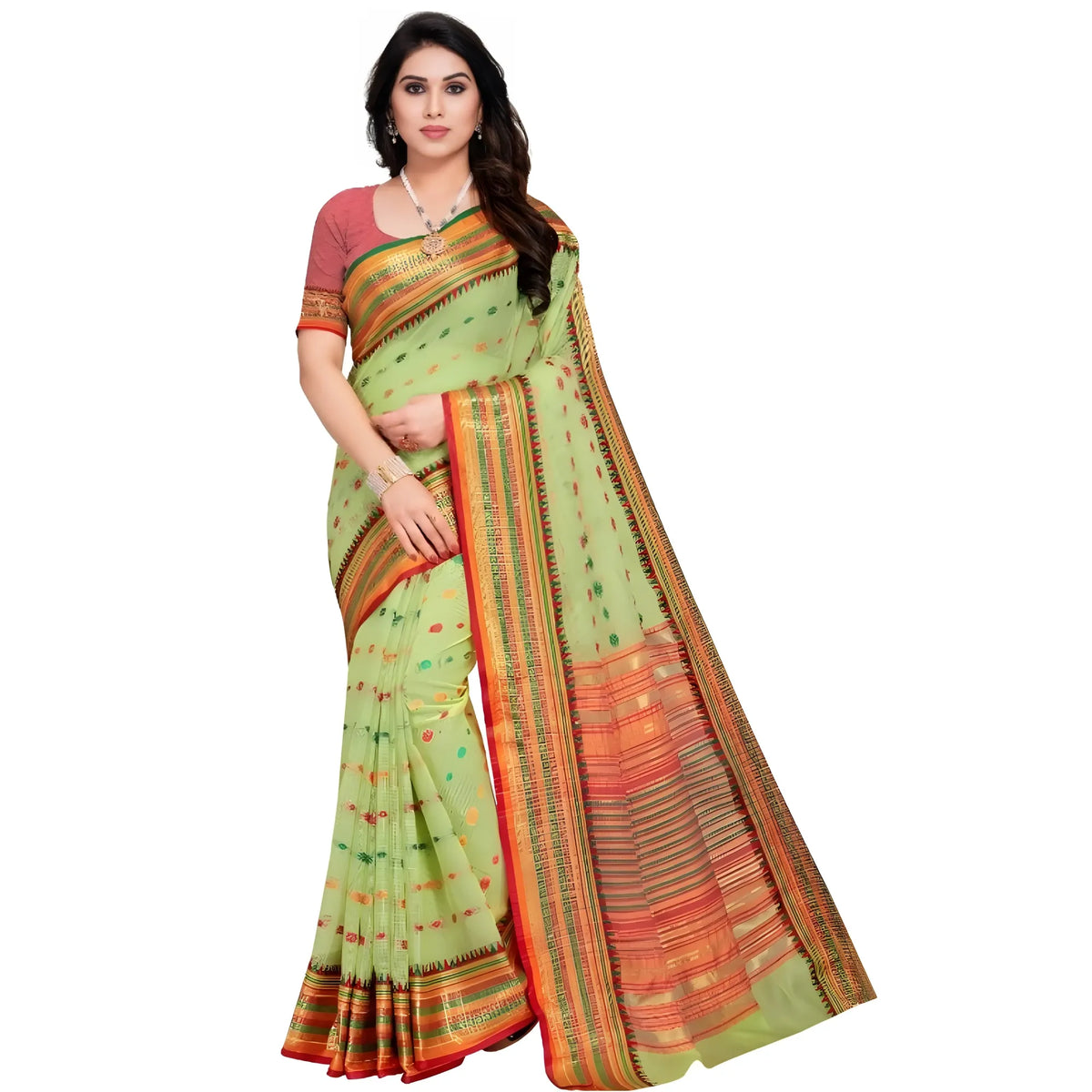 Women's Kota Doria Cotton Woven Butta Saree With Blouse (light Green, 5 6 Mtrs) | Women Signature Collection