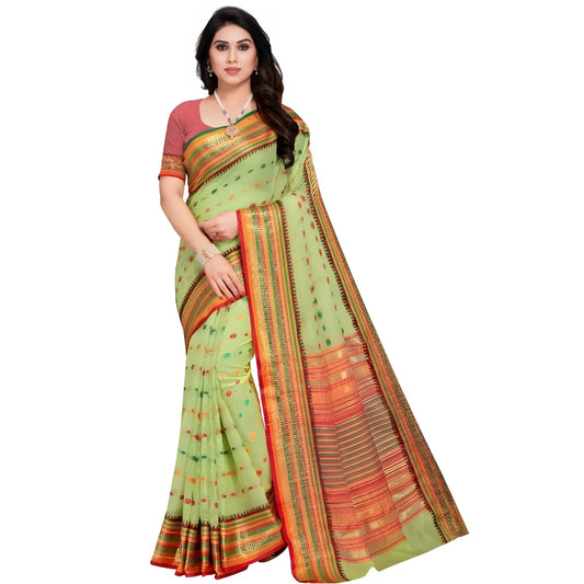 Women's Kota Doria Cotton Woven Butta Saree With Blouse (light Green, 5 6 Mtrs) | Women Signature Collection