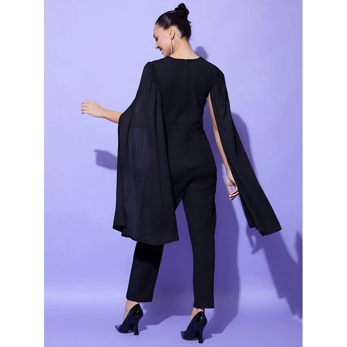 Women's Polyeter Solid Cape Sleeve Jumpsuit (black) | Women Signature Collection