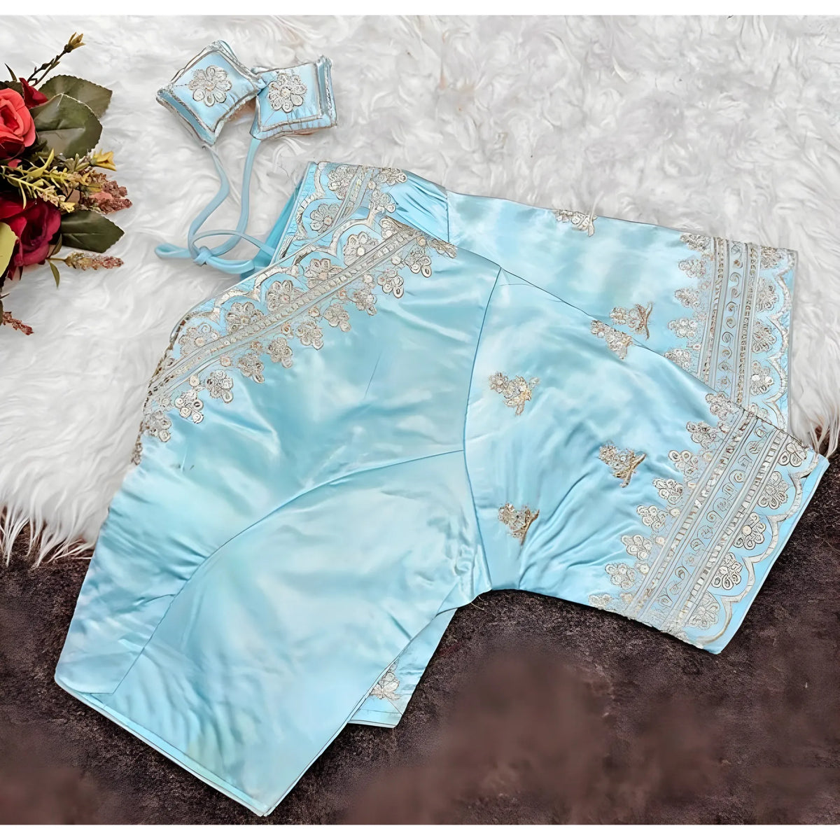 Azure Women's Satin Embroidered Half sleeve V-Neck Padded Readymade Blouse