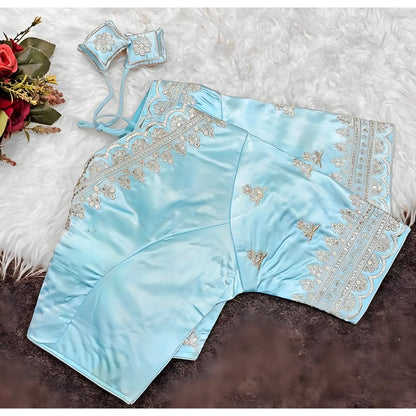 Azure Women's Satin Embroidered Half sleeve V-Neck Padded Readymade Blouse