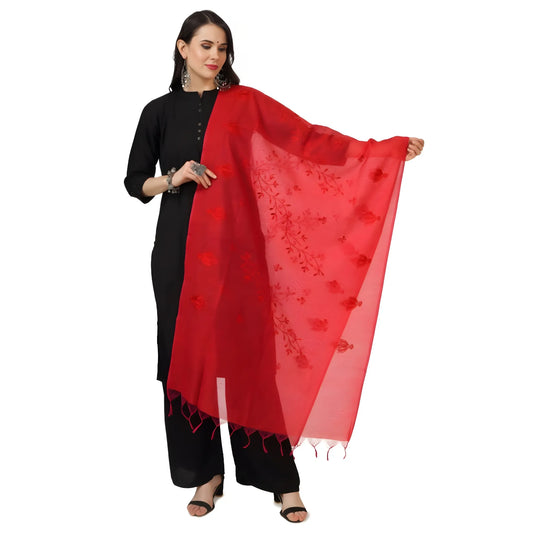 Women's Cotton Embroidered Dupatta (Red, Length:  2.25 to 2.50 Mtr)