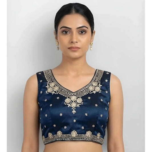 Mireya Silk Embroidered V-Neck Sleeveless Readymade Padded Blouse