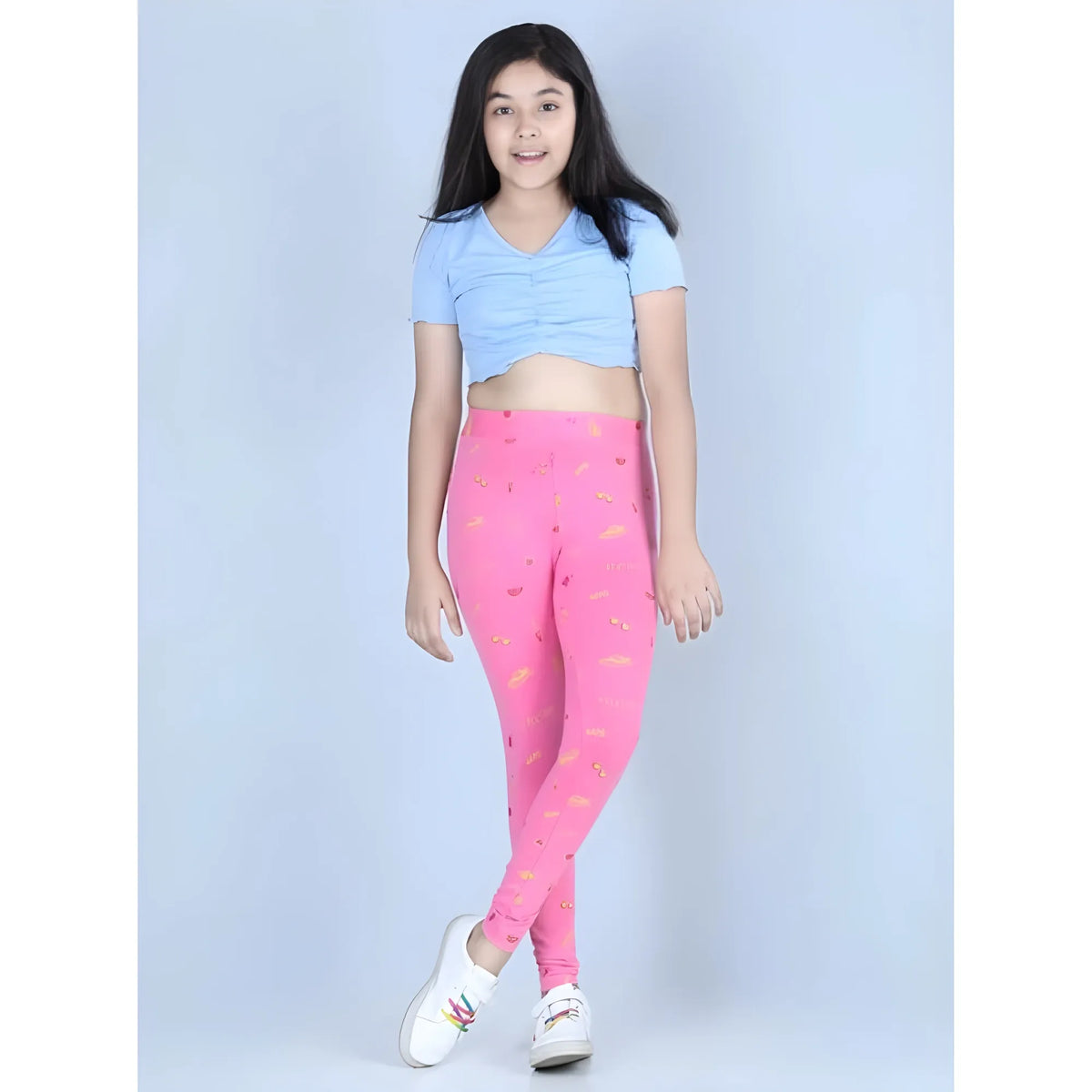 Girl's Cotton Lycra Printed Elasticated Leggings (Pink)