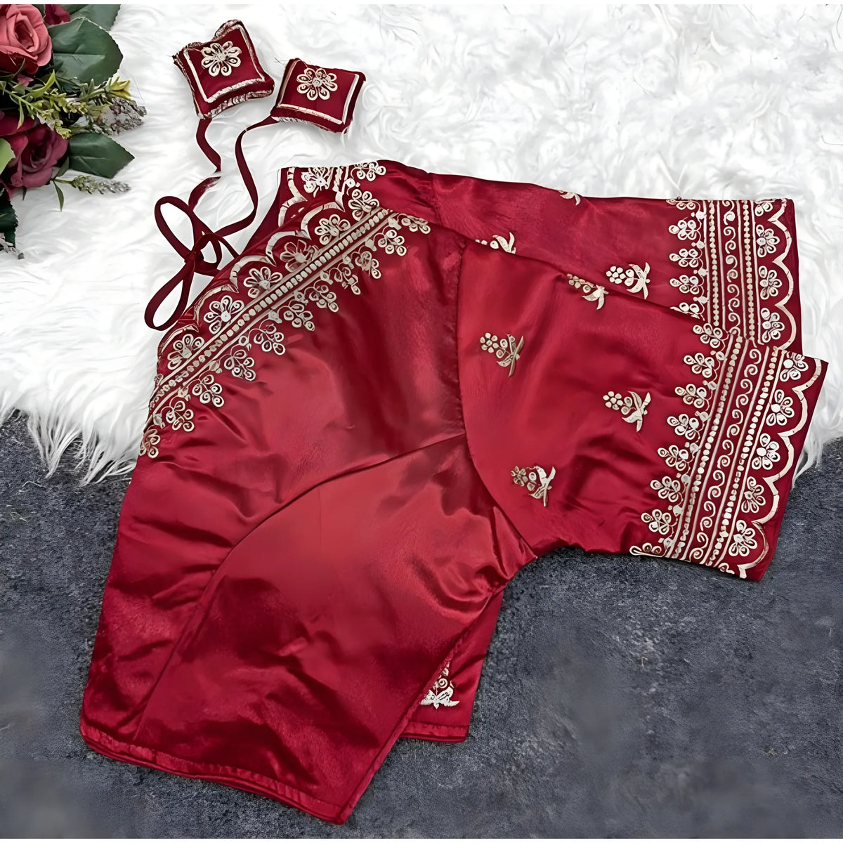 Garnet Women's Satin Embroidered Half sleeve V-Neck Padded Readymade Blouse