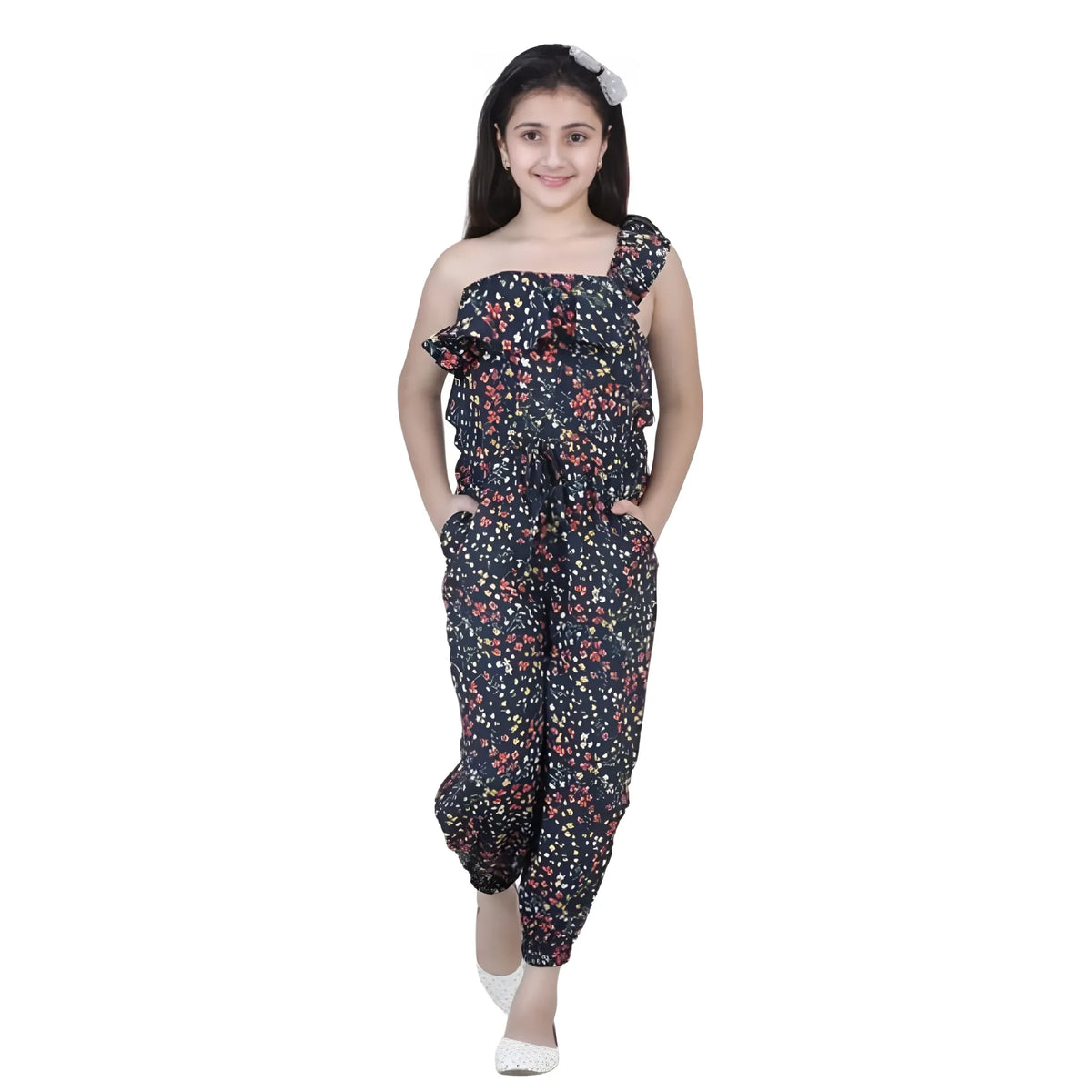Girl's Polyester Moss Floral Sleeveless Jumpsuit (multicolor) | Kids Signature Collection