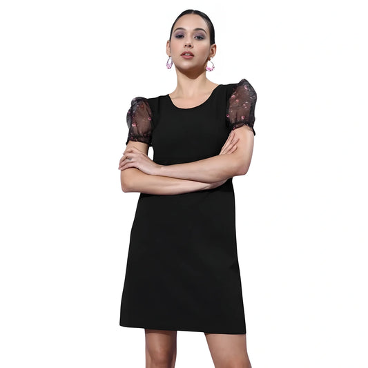 Women's Organza And Polyester Lycra Floral Short Sleeve Dress (black) | Women Signature Collection