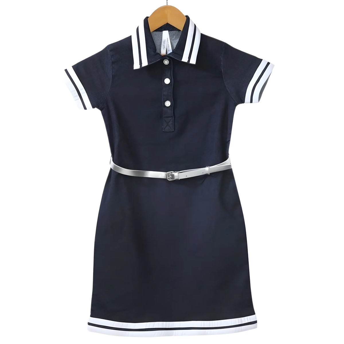 Girl's Denim Lycra Ribbed Elasticated Dress With Belt (navy Blue White) | Kids Signature Collection