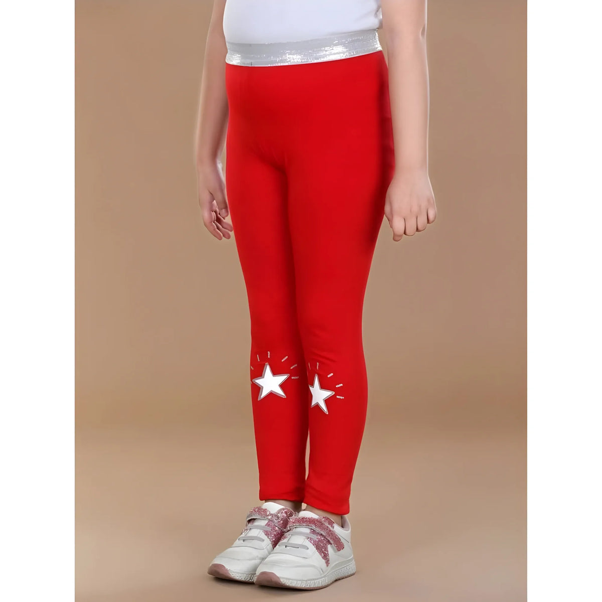 Girl's Cotton Lycra Star Print Elasticated Leggings (Red)
