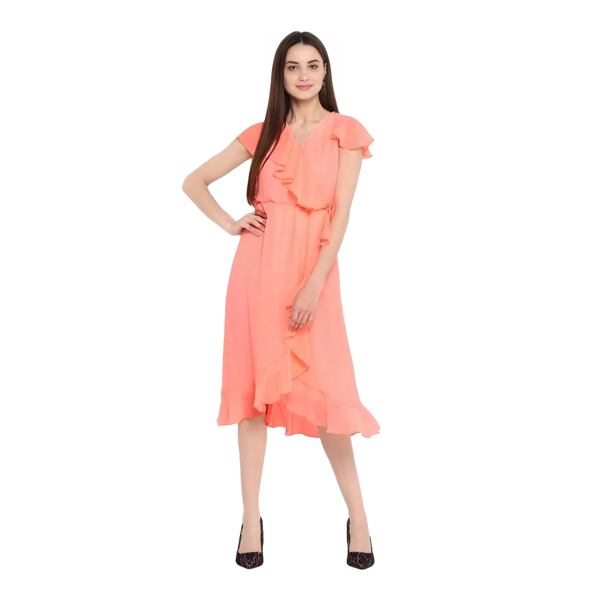 Women's Polyester Ruffled Cap Sleeve Below Knee Dress (neon Pink) | Women Signature Collection