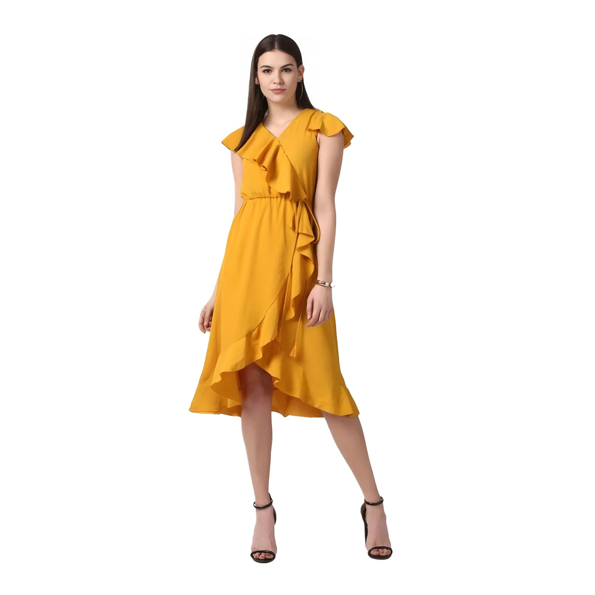 Women's Polyester Ruffled Cap Sleeve Knee Length Dress (yellow) | Women Signature Collection