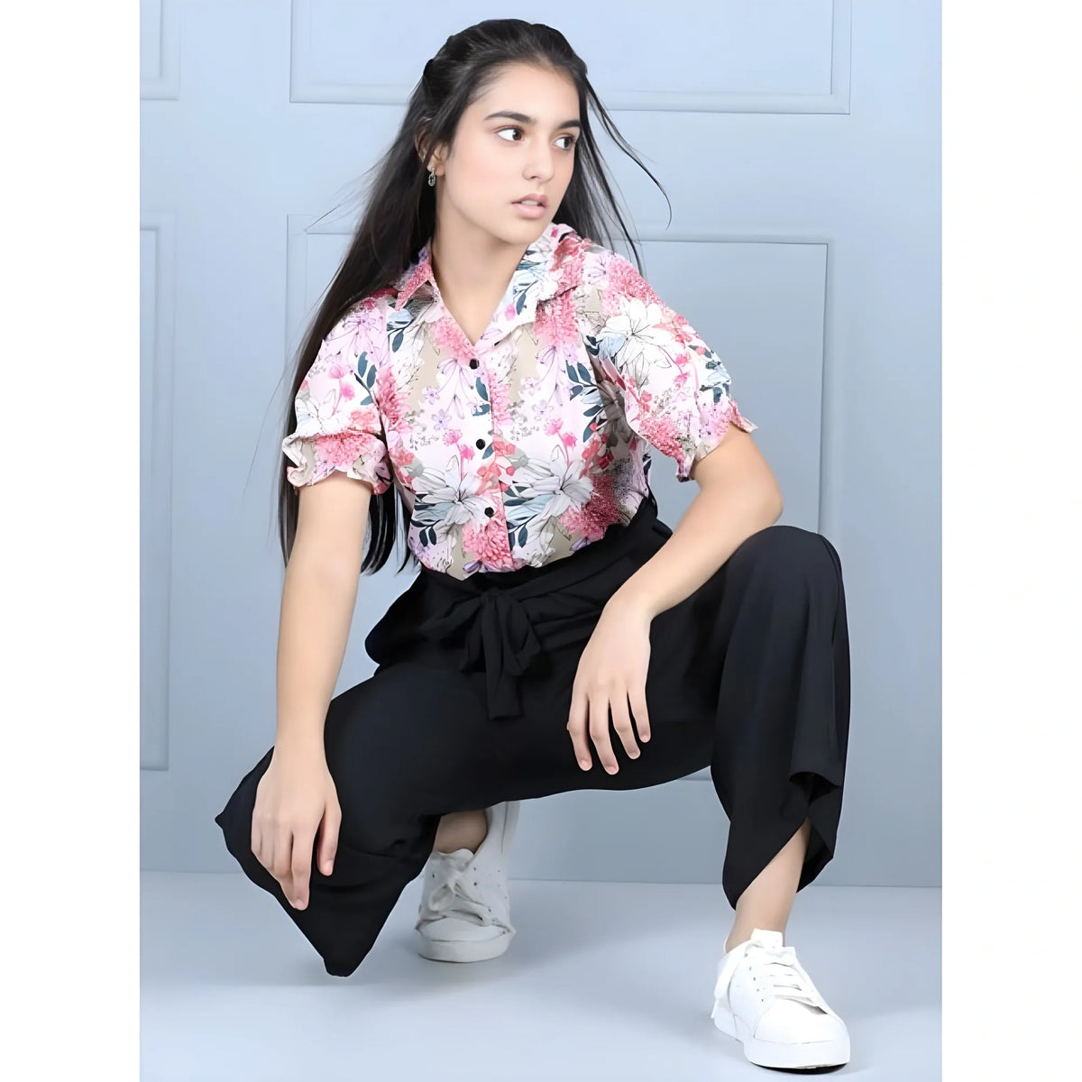 Girl's Polyester Floral Short Sleeves Jumpsuit (white Black) | Kids Signature Collection