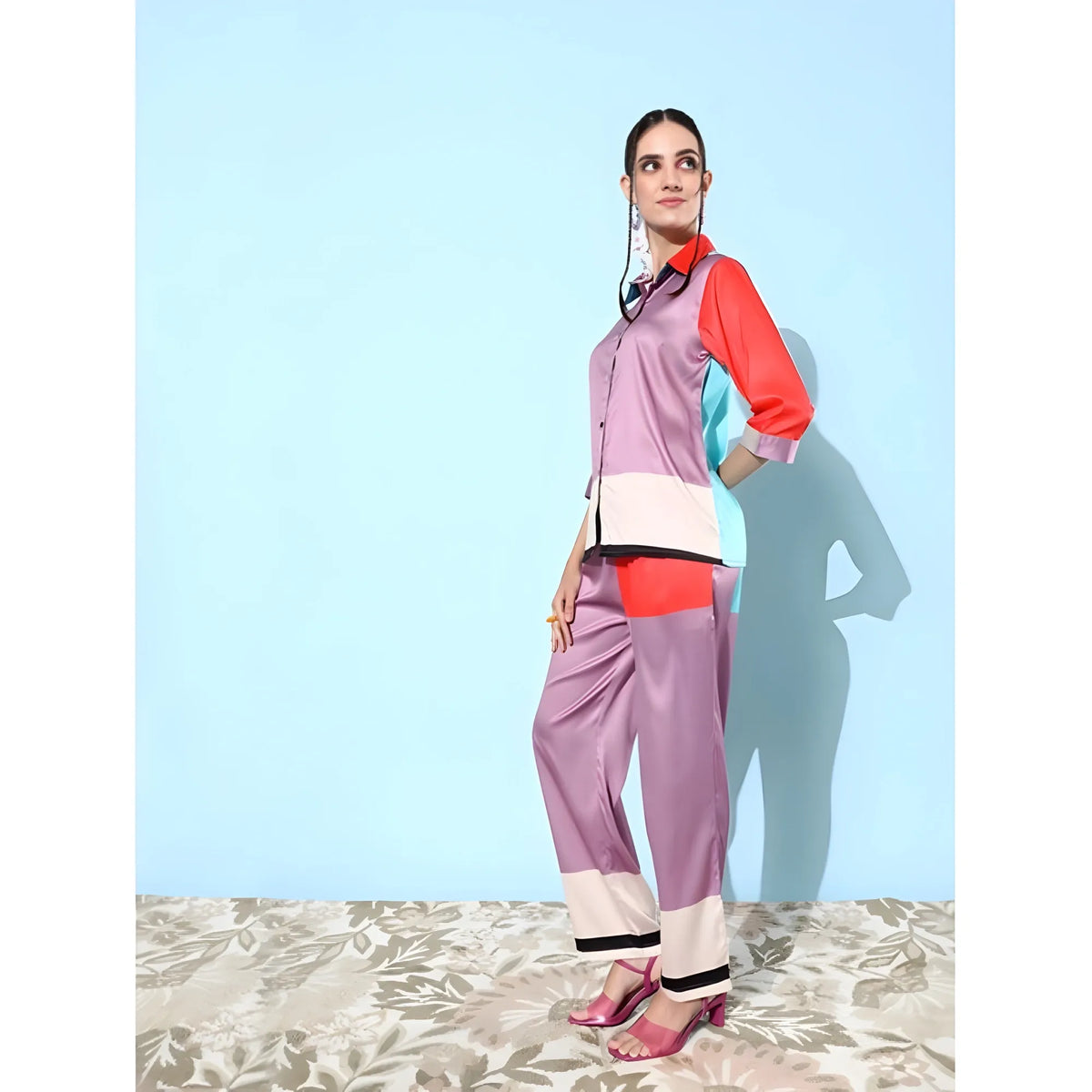 Women's Satin Colour Block Long Sleeves Co Ord Set (multicolor) | Women Signature Collection