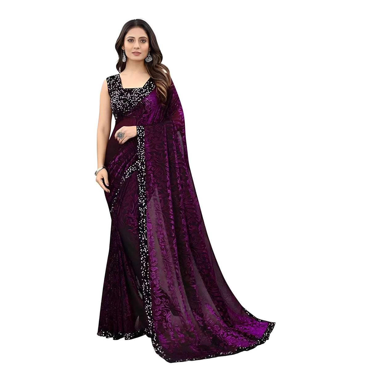 Women's Lycra Floral Saree With Unstitched Blouse (wine, 5.5 Mtr) | Women Signature Collection