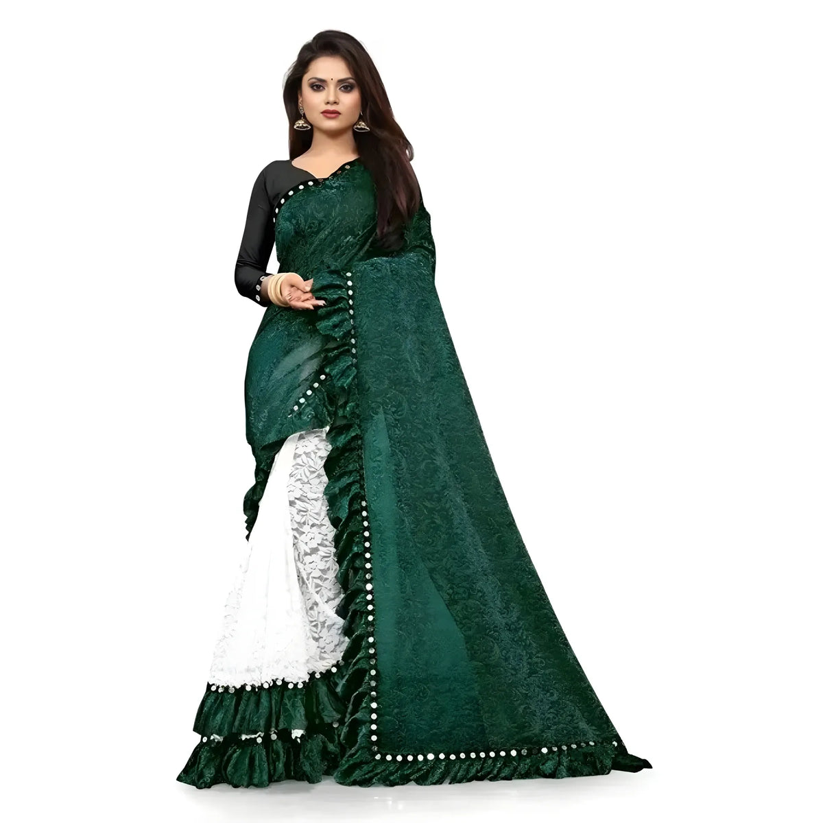 Women's Silk With Mirror Lace Solid Saree With Unstitched Blouse (green, 5 5 Mtrs) | Women Signature Collection