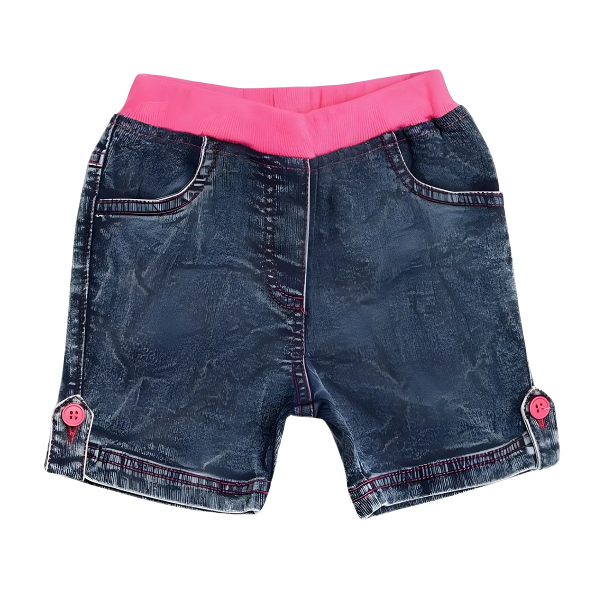 Girl's Denim Lace Inserts Sleeveless Shorts (Blue-Pink)