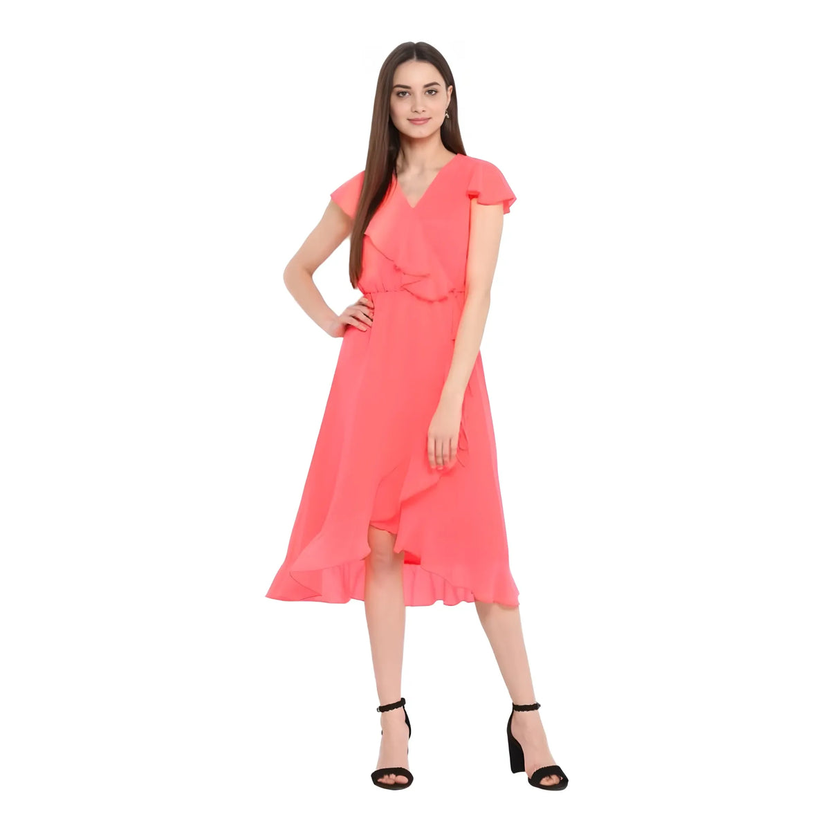 Women's Polyester Ruffled Cap Sleeve Below Knee Dress (coral Pink) | Women Signature Collection