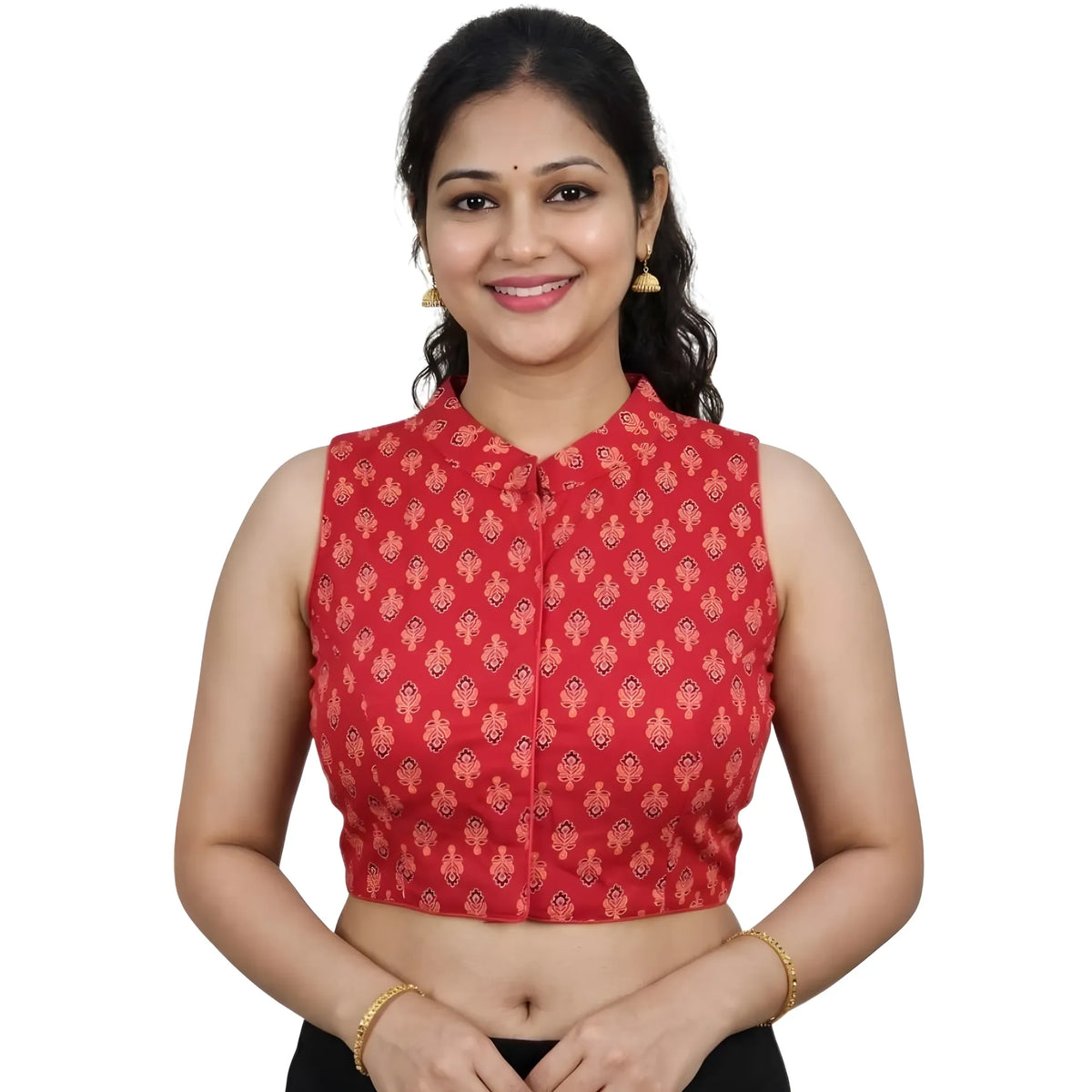 Ruby Women's Ajrakh Cotton Ajarkh Sleeveless Collar Neck Padded Readymade Blouse