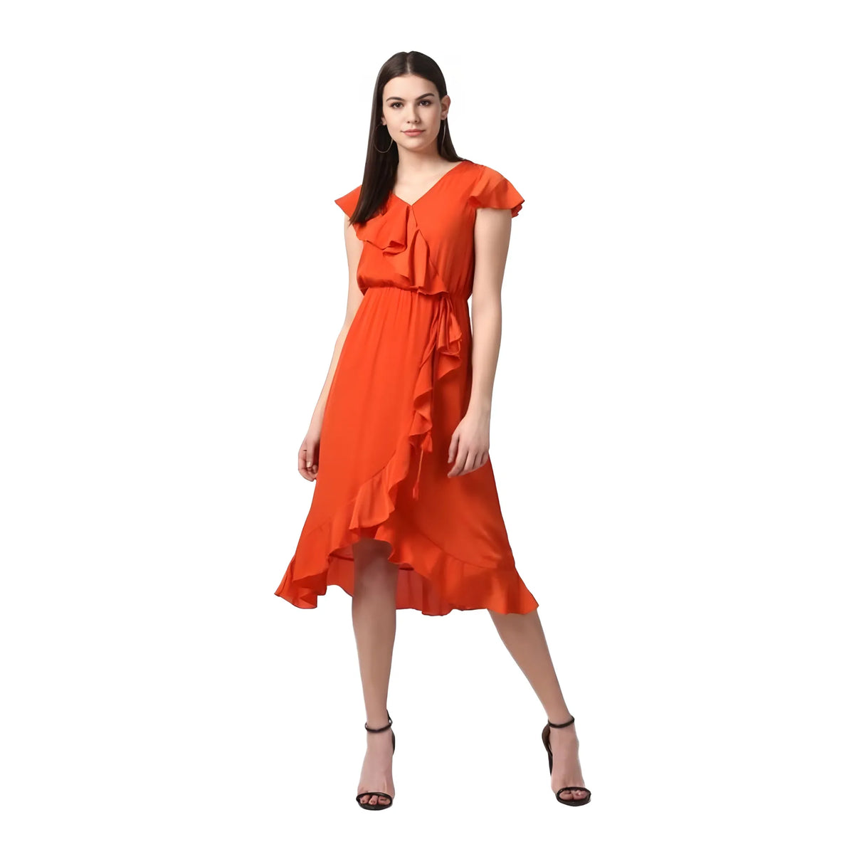 Women's Polyester Ruffled Cap Sleeve Knee Length Dress (orange) | Women Signature Collection