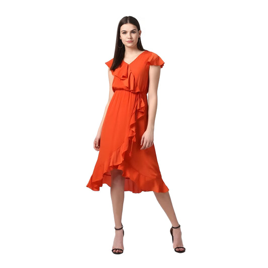 Women's Polyester Ruffled Cap Sleeve Knee Length Dress (orange) | Women Signature Collection