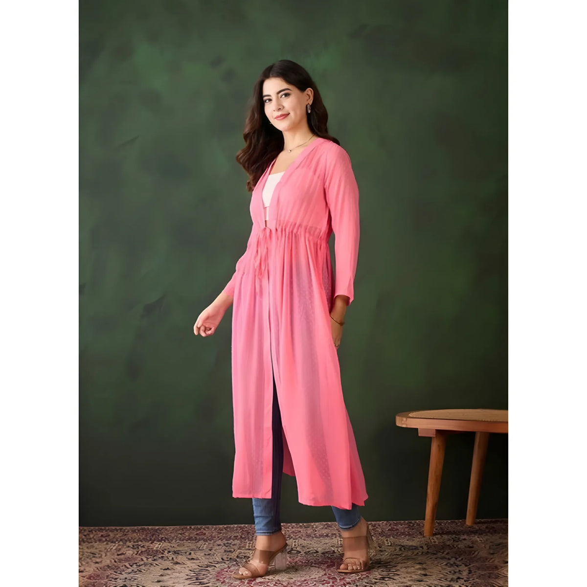 Women's Chiffon Self Design Long Sleeves Shrug (pink) | Women Signature Collection