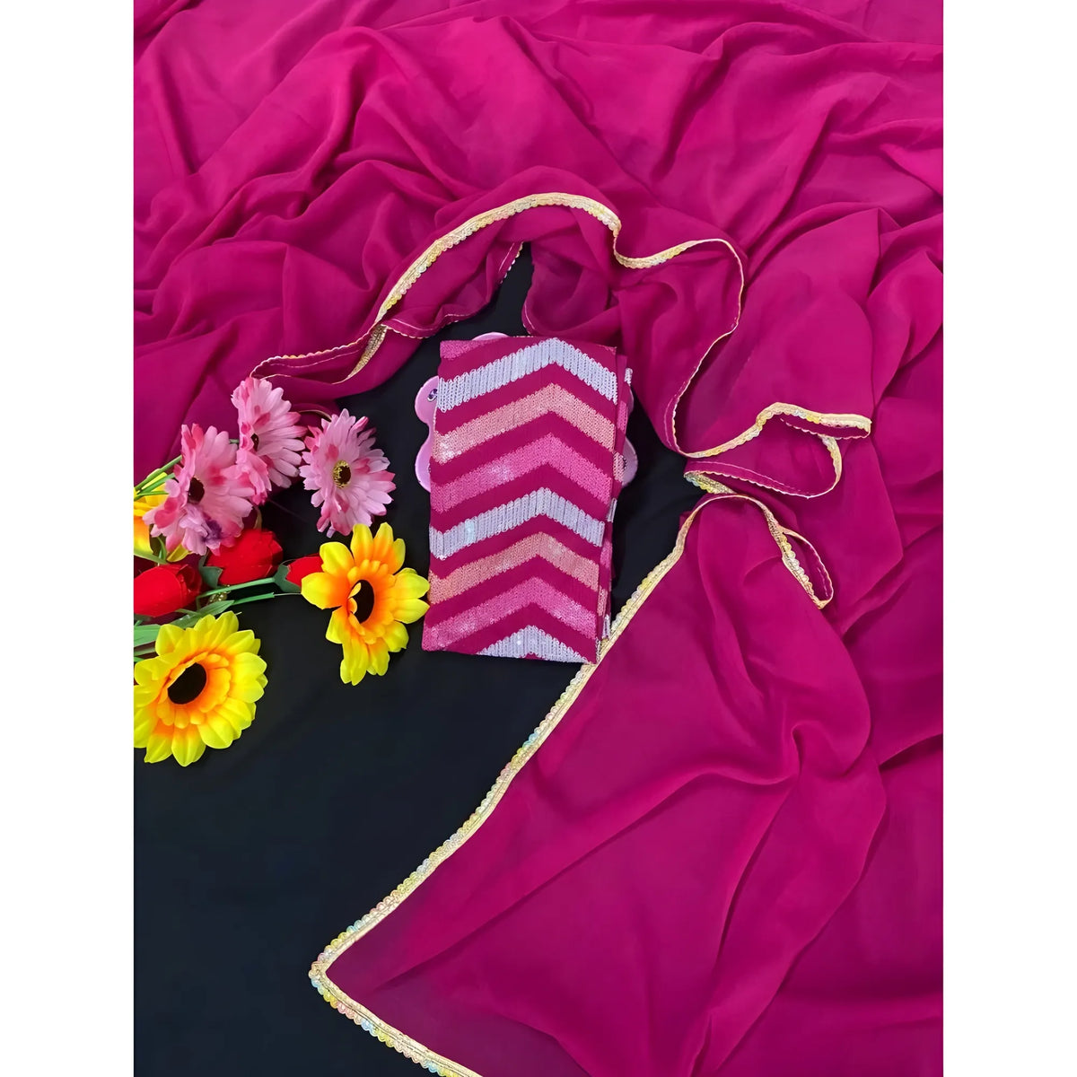 Women's Fox Georgette Solid Saree With Unstitched Blouse 5.5mtr (pink) | Women Signature Collection