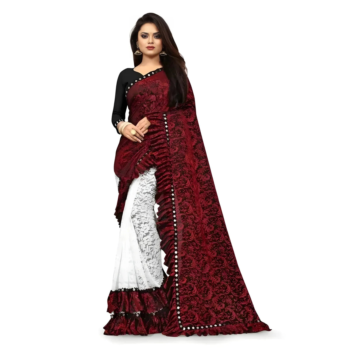 Women's Silk With Mirror Lace Solid Saree With Unstitched Blouse (red, 5 5 Mtrs) | Women Signature Collection