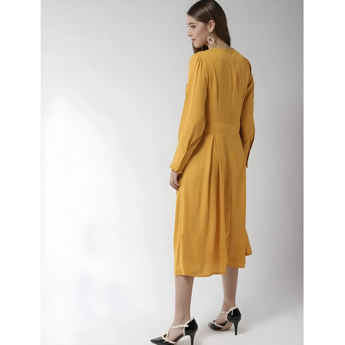 Women's Polyester Pintuck Long Sleeves Below Knee Dress (yellow) | Women Signature Collection