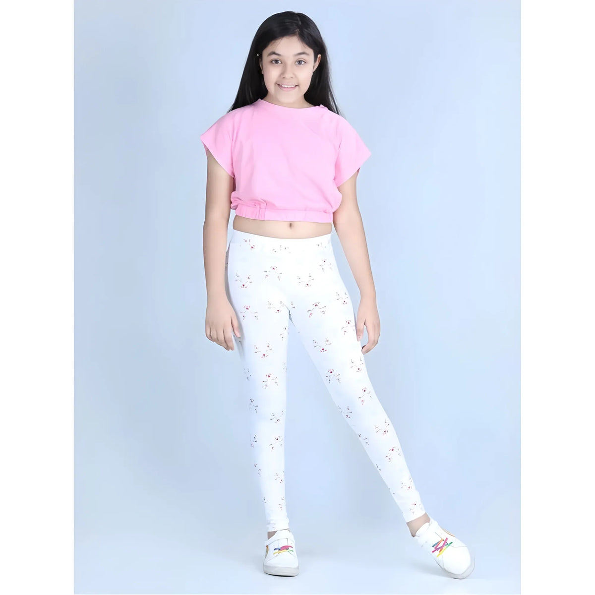 Girl's Cotton Lycra Printed Elasticated Leggings (White)