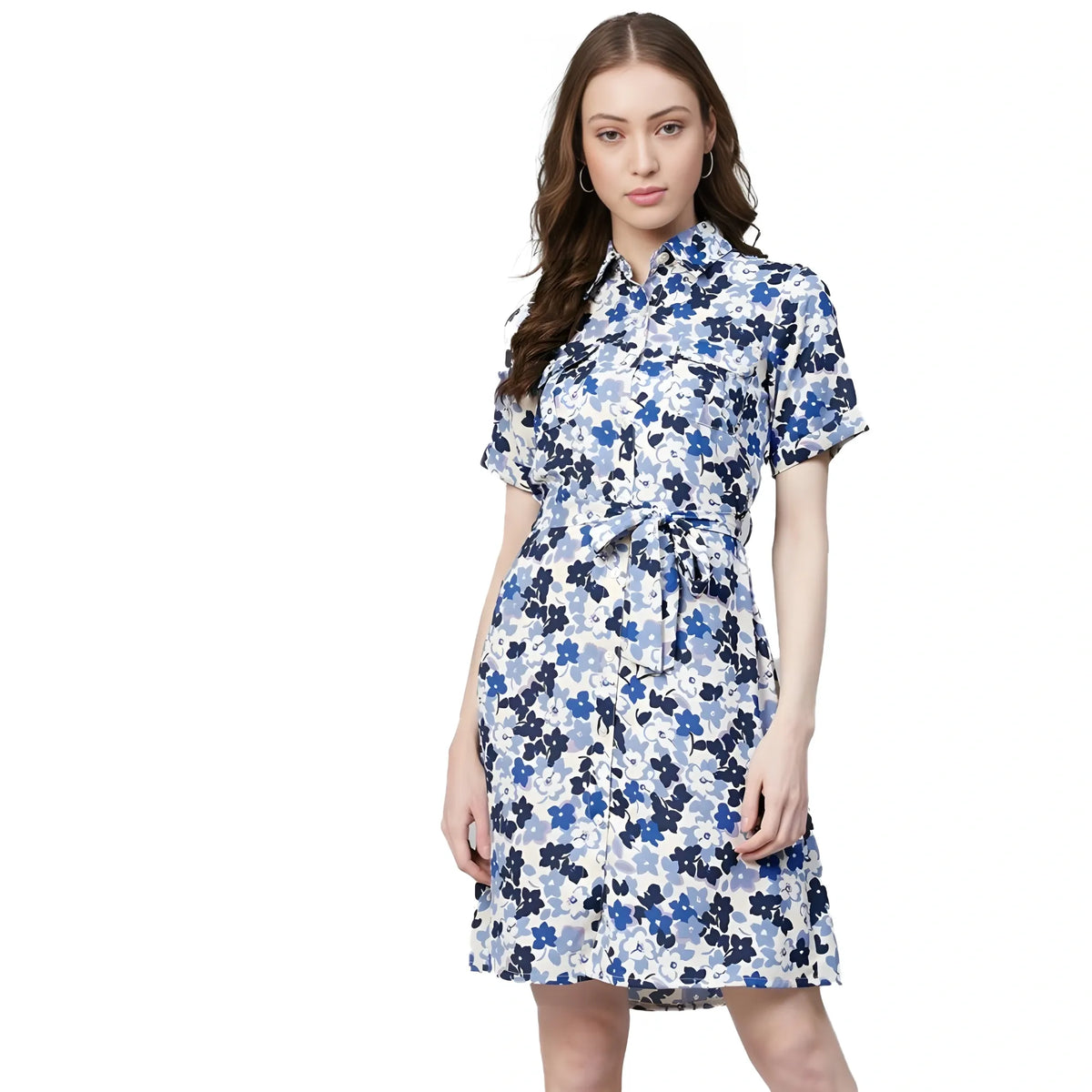 Women's Polyester Floral Short Sleeve Above Knee Dress (blue White) | Women Signature Collection