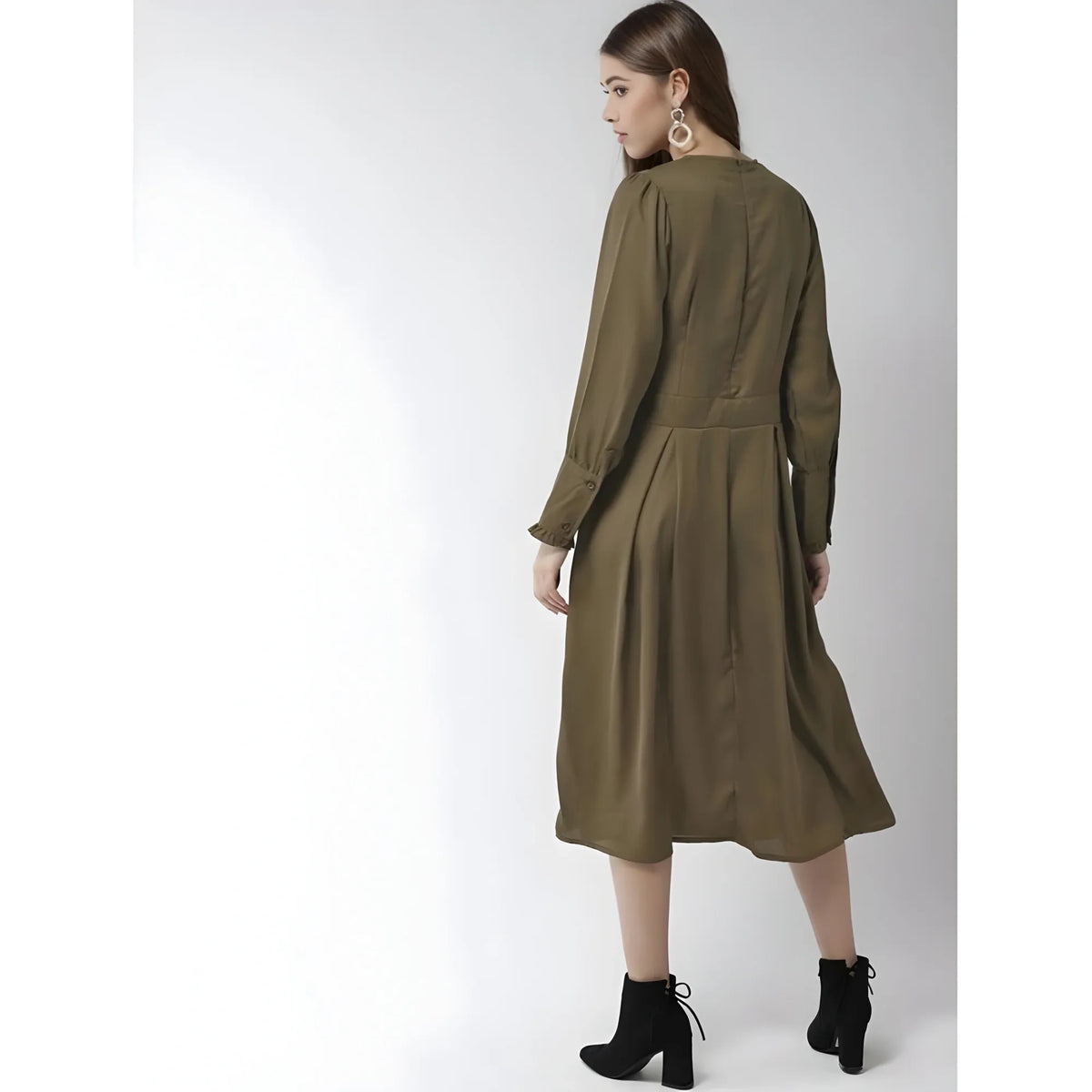 Women's Polyester Pintuck Long Sleeves Below Knee Dress (olive) | Women Signature Collection