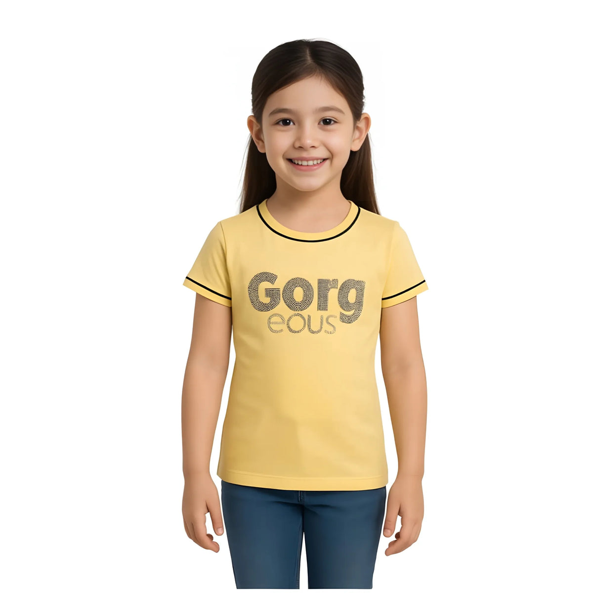 Girl's Cotton Printeded Round Neck T-Shirt (Yellow)