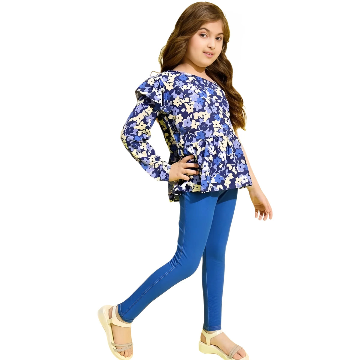 Girl's Polyester Floral One Shoulder Jeggings Set (blue) | Kids Signature Collection
