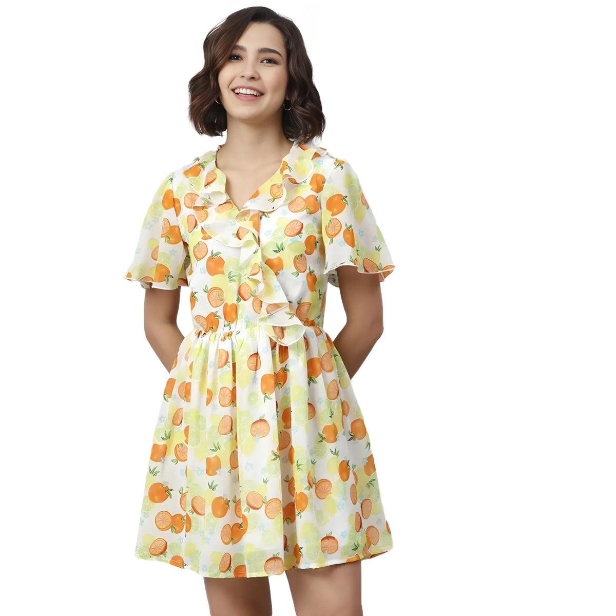 Women's Polyester Printed Flutter Above Knee Dress (yellow Orange) | Women Signature Collection