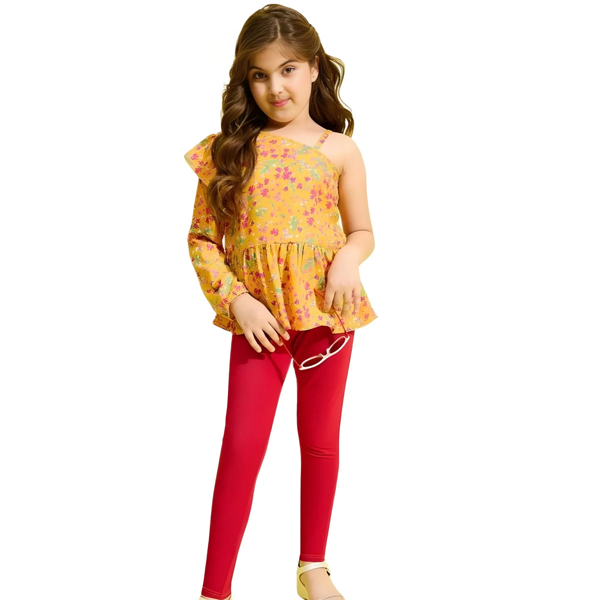 Girl's Polyester Floral One Shoulder Jeggings Set (yellow Red) | Kids Signature Collection