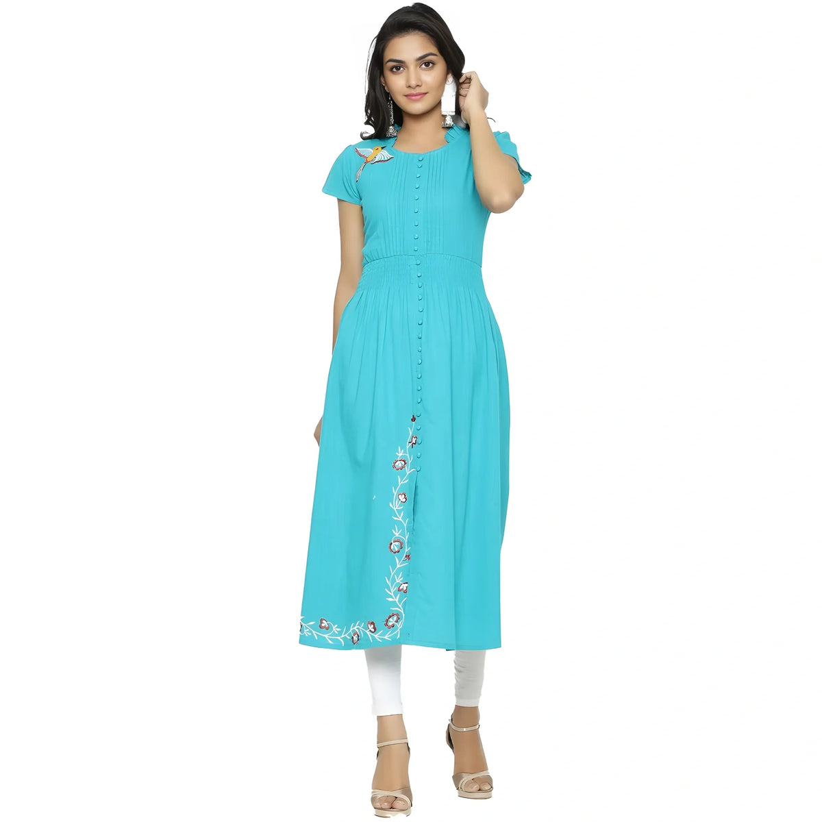 Women's Casual Short Sleeve Embroidery Cotton Slub Kurti (torque Green) | Women Signature Collection