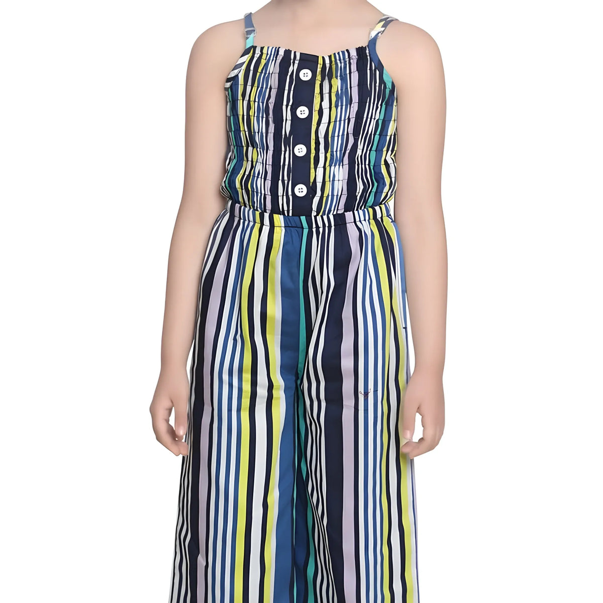 Girl's Rayon Striped Sleeveless Jumpsuit (blue) | Kids Signature Collection