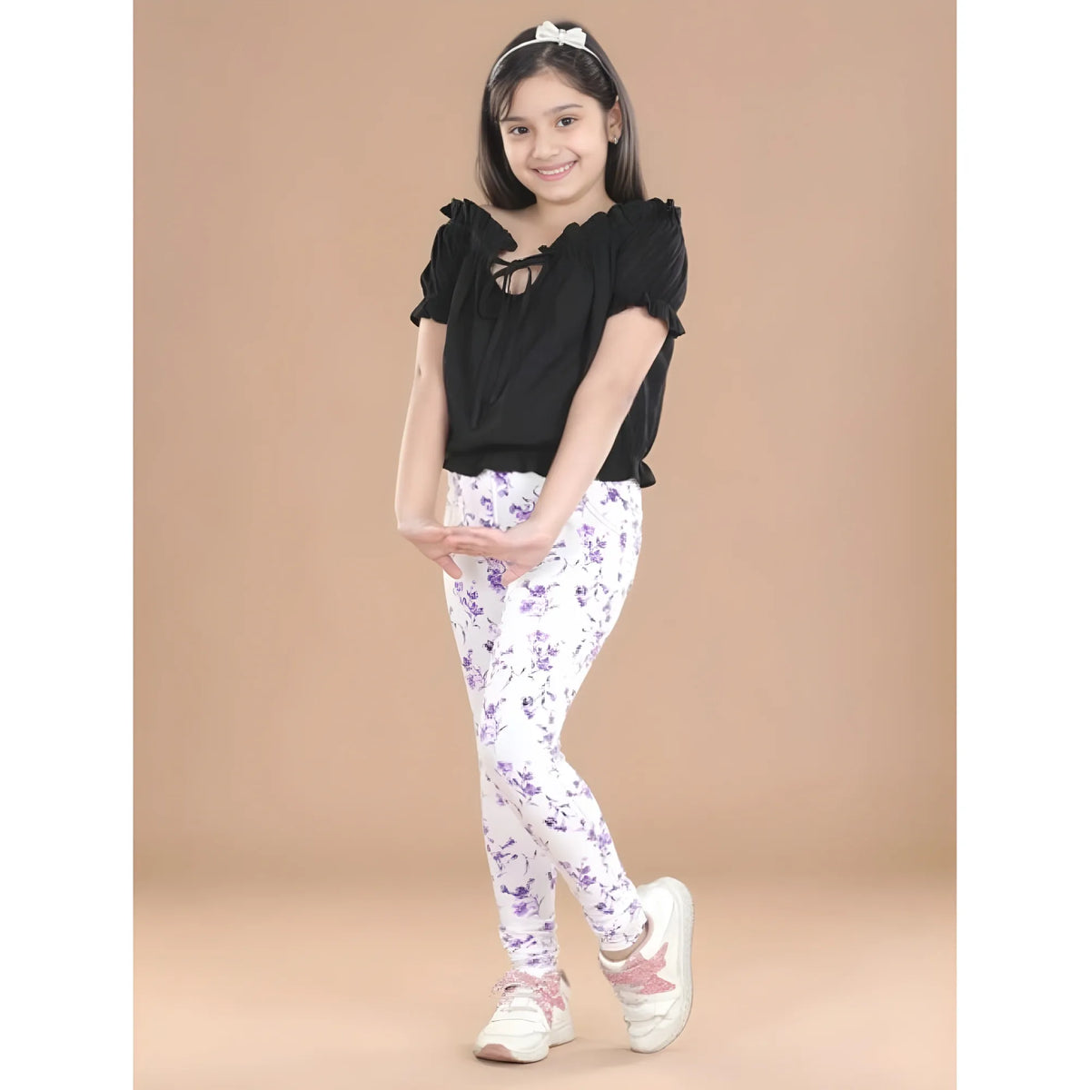 Girl's Cotton Lycra Floral Elasticated Jeggings (White-Lavender)