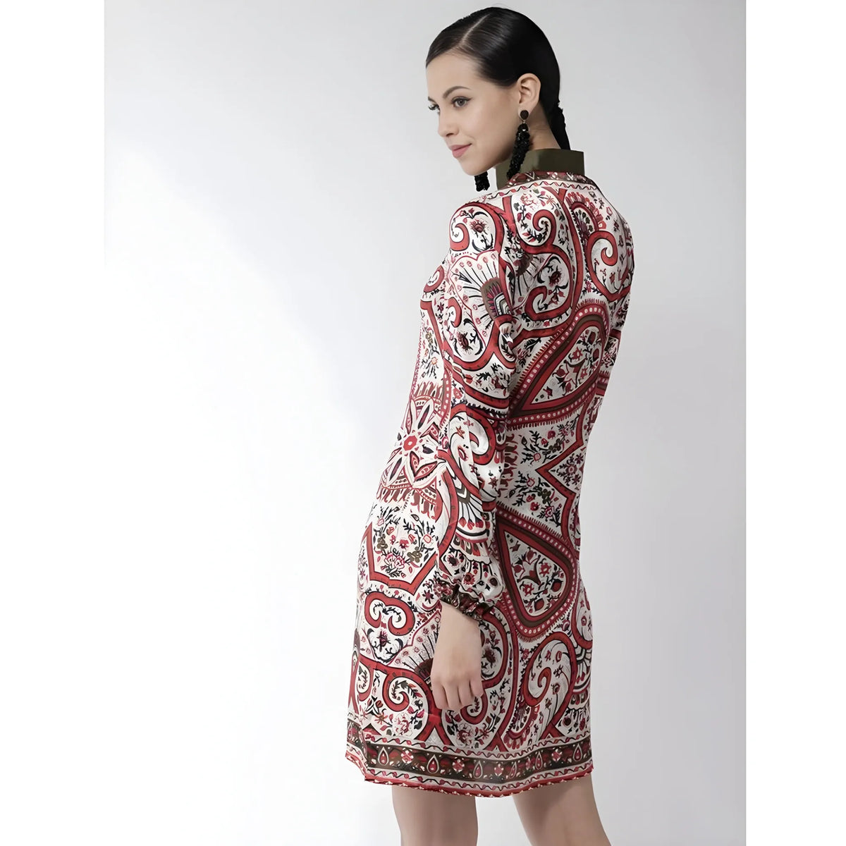 Women's Polyester Printed Long Sleeves Above Knee Dress (red) | Women Signature Collection