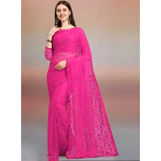 Women's Net Self Design Saree With Unstitched Blouse 5.5Mtr  (Rani)