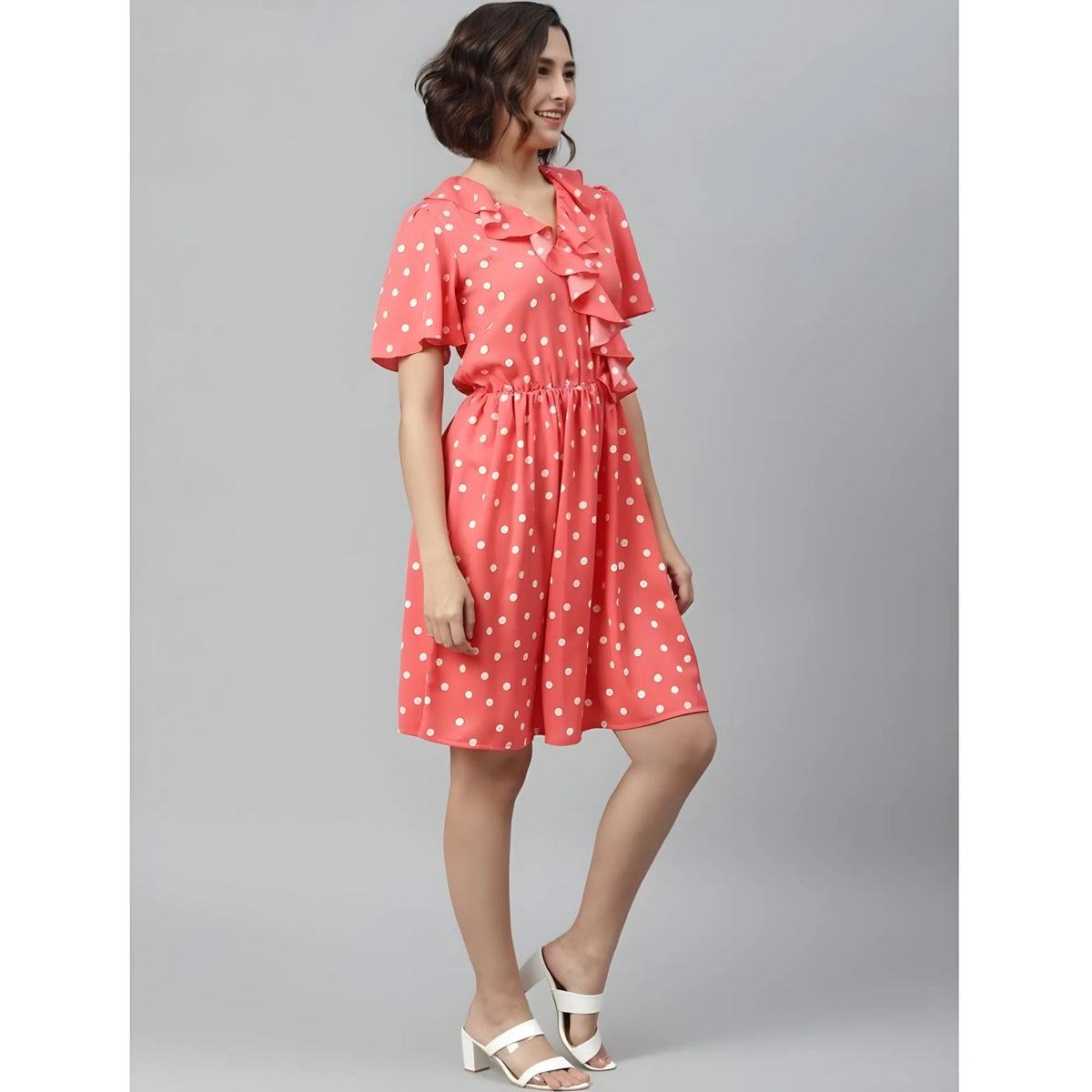Women's Polyester Polka Flutter Above Knee Dress (coral) | Women Signature Collection