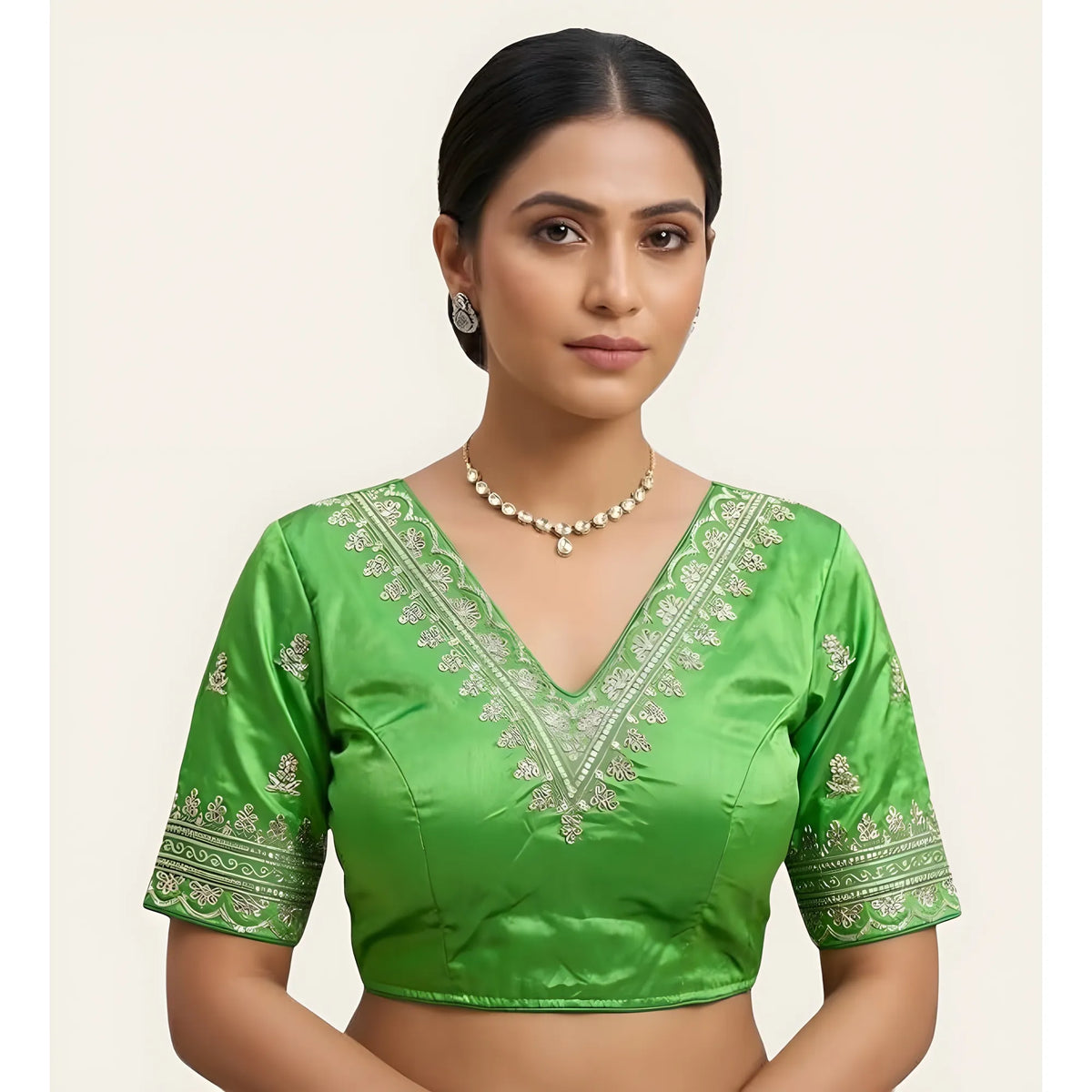 Jade Women's Satin Embroidered Half sleeve V-Neck Padded Readymade Blouse