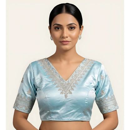 Azure Women's Satin Embroidered Half sleeve V-Neck Padded Readymade Blouse