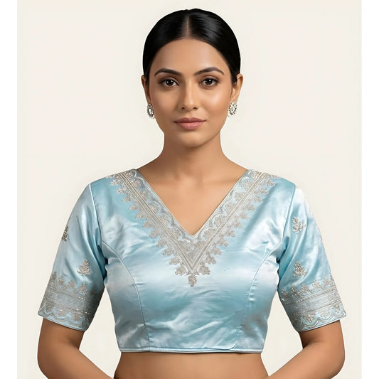 Azure Women's Satin Embroidered Half sleeve V-Neck Padded Readymade Blouse