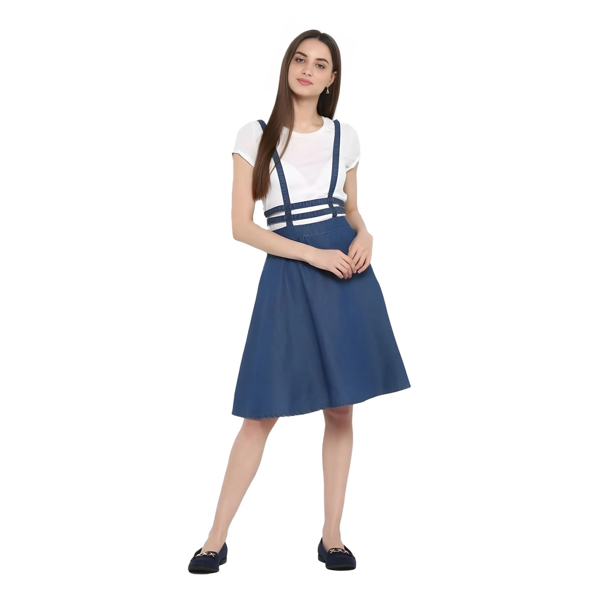 Women's Denim Solid Shoulder Straps Below Knee Dress (blue) | Women Signature Collection