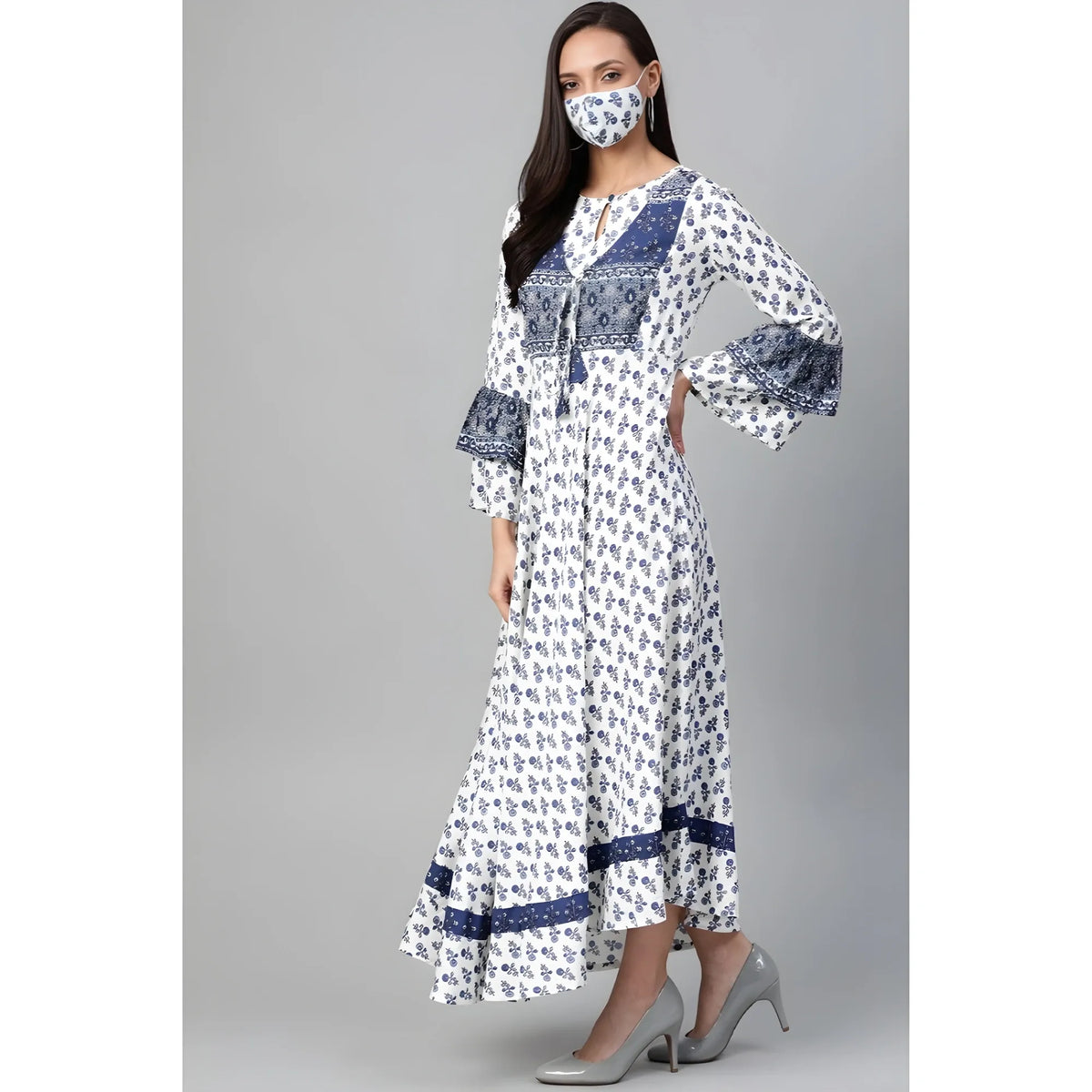 Women's Casual Bell Sleeve Floral Printed Rayon Dress (white &amp; Blue) | Women Signature Collection
